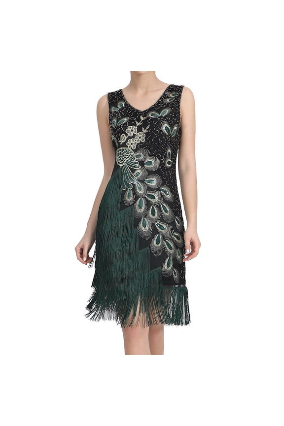 1920s Sequin Tassel Mini Dress Retro Dance Dress Double V-Neck Dress Party Mini Dress