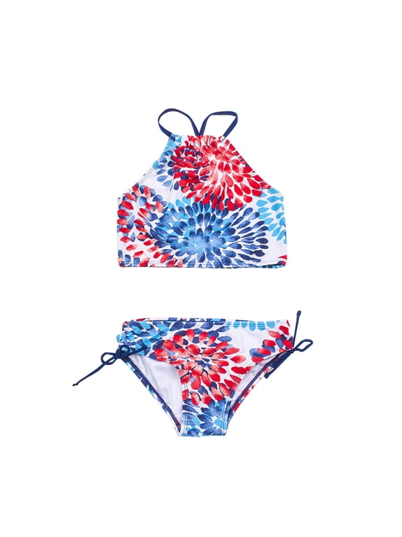2 Pcs Girl Swimwear Floral Tops Drawstring Bikini Bottoms Suit Girls Suit Girls Bikini New Split Water Drop Print Bikini For 7-8 Years