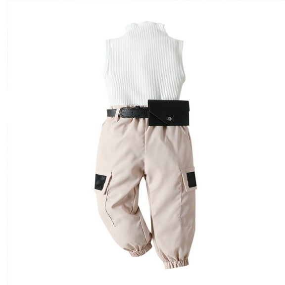 TAIAOJING 2Pcs Fashion Kids Toddler Baby Girl Sleeveless Ribbed Knitted Crop Tops Casual Cargo Pants Trousers With Belt Summer Outfits Sets Holiday 4-5Y