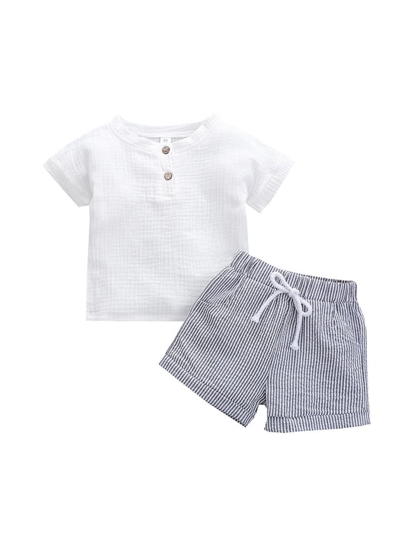 Baby Boys Summer Clothes Sets Outfits Unisex Spring Cotton Ribbed Short Sleeve Striped Shorts Outfits Clothes 18-24 Months