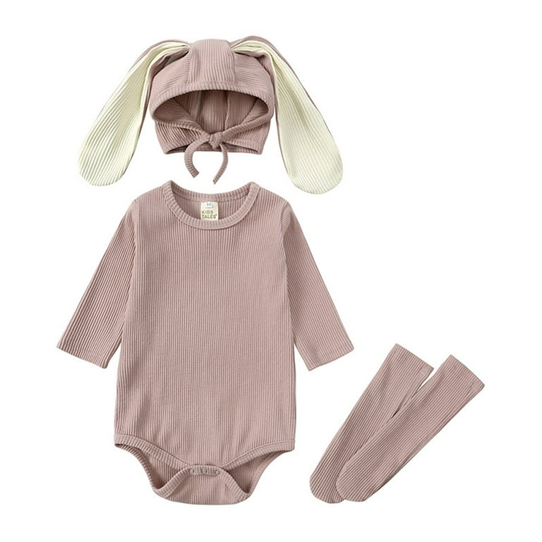 TAIAOJING Baby Girl Boy Clothes Set Bunny Outfits Ribbed Bodysuit Romper  With Long Bunny Ear Hat Socks Fall Outfits 3-6 Months 
