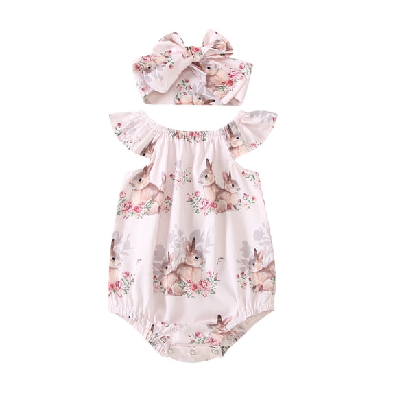 TAIAOJING Baby Girl Clothes Bodysuit Printed Easter Sets Day Headbands Romper Bunny Outfits For Girl 18-24 Months