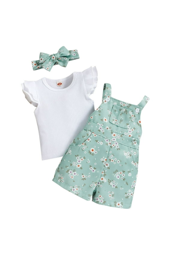 Baby Girl Clothes Fly Sleeve Ribbed Tops Floral Suspenders Shorts Headbands Summer Outfits 12-18 Months