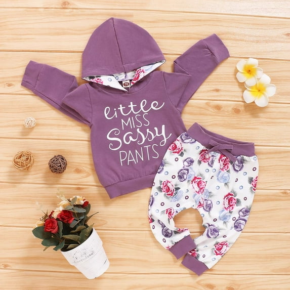TAIAOJING Baby Girl Clothes Summer Toddler Long Sleeve Letter Print Hoodie Top+Floral Pants Summer Outfits 6-9 Months