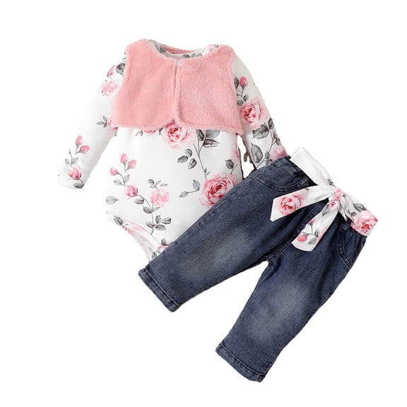 TAIAOJING Baby Girls Long Sleeve Print Flower Romper Tops Jeans Pants With Vest Outfit Set Clothes 3PCS 12-18 Months