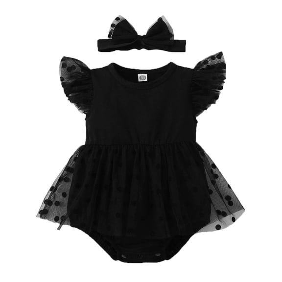 TAIAOJING Baby Girls Ruffled Sleeve Polka Dot Patchwork Tulle Romper Bodysuit With Headbands Outfits Set 2PCS, 0-3 Months