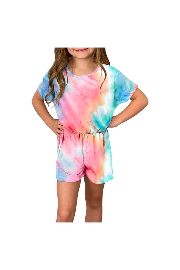 Baby Romper Sleeve Short Child Printed Tie-Dyed Rainbow Kids Jumpsuit Girls Girls Romper&Jumpsuit One Piece Outfits 4-5 Years