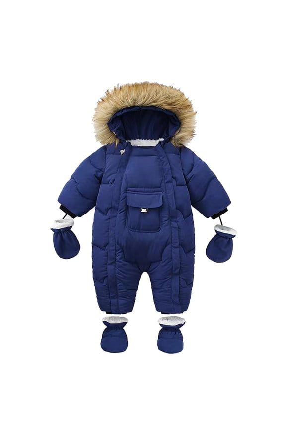 Baby Snowsuit Winter Hooded Footie Boys Girls Winter Thicken Coat Hooded Pocket Jacket Snowsuit With Gloves Toddler Windproof Warm Jumpsuit Outwear Snow Wear 9-12 Months