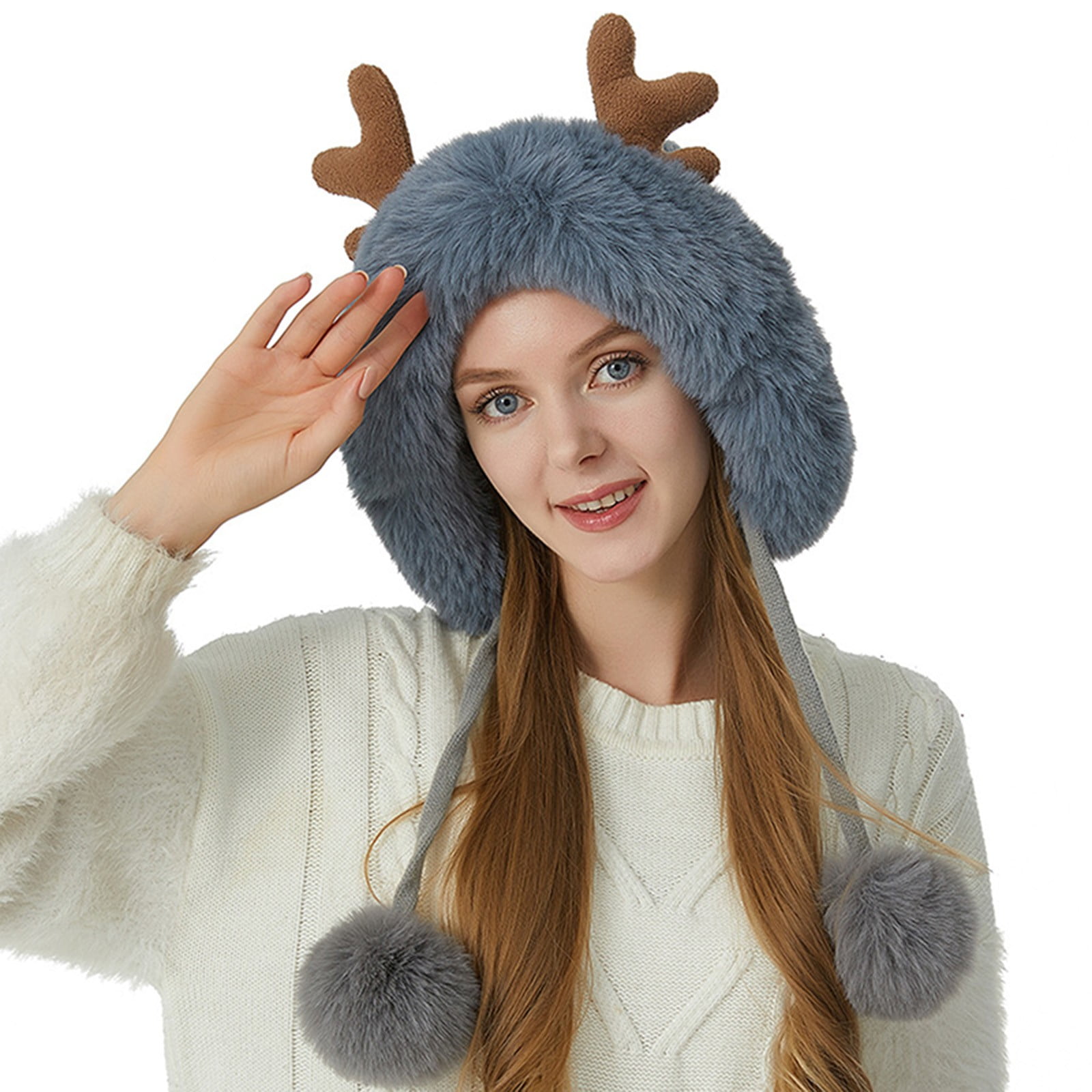 Large Faux Fur Plush Hat Ear Protection, Earmuffs Knit Hats Windproof Knitted Beanies Tassel Earflap Ski Hats for Women Winter Outdoor,Temu
