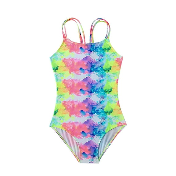 TAIAOJING Big Kids Summer Swimsuit Children's Swimsuit All Color Tie Dye Style Rainbow Color Girls Hot Spring Swimsuit Beach Swimsuit For 7-8 Years