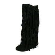 TAIAOJING Boots For Women Winter Suede Heel Fringe Boots Inside Booster Mid Length Boots Casual Shoes