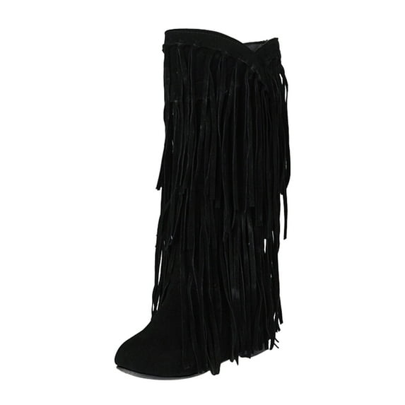 TAIAOJING Boots For Women Winter Suede Heel Fringe Boots Inside Booster Mid Length Boots Casual Shoes