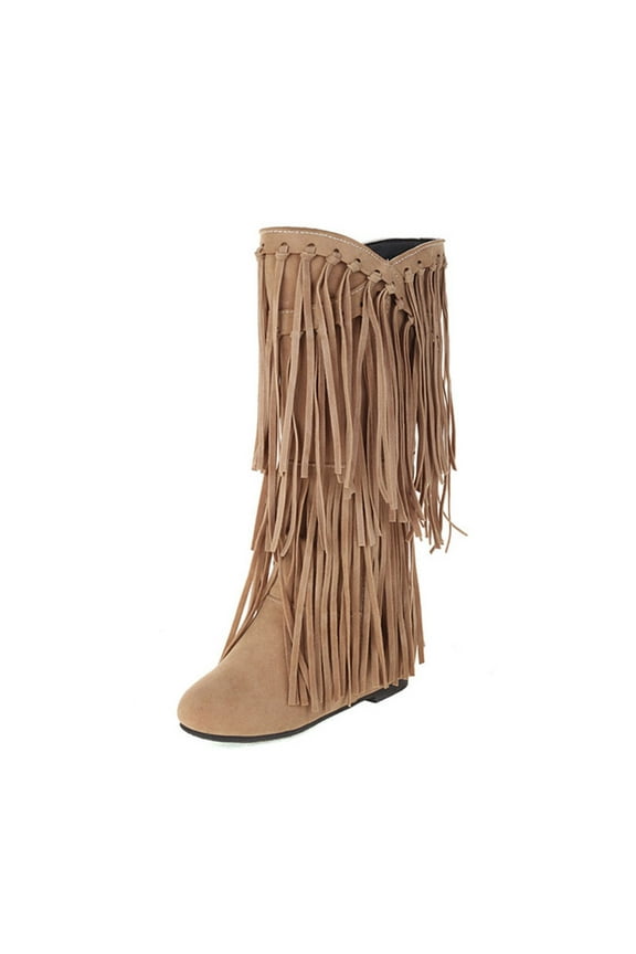 Boots For Women Winter Suede Heel Fringe Boots Inside Booster Mid Length Boots Casual Shoes