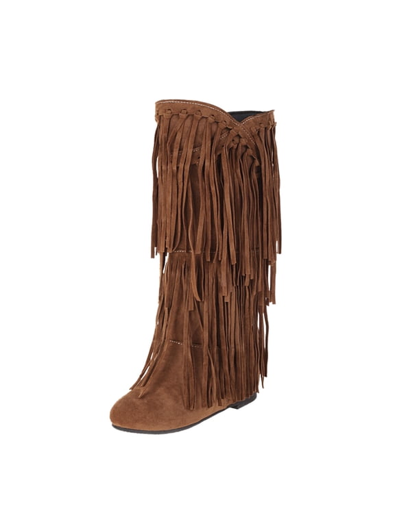 Boots For Women Winter Suede Heel Fringe Boots Inside Booster Mid Length Boots Casual Shoes