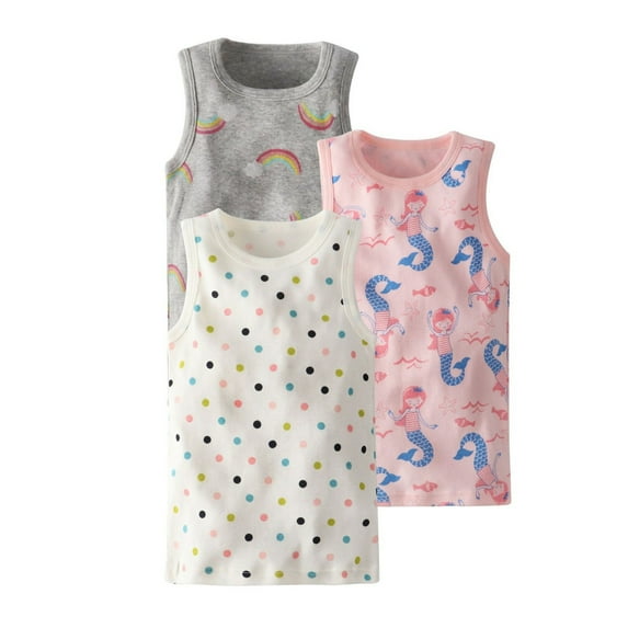 TAIAOJING Boy Girl New Cozy T-Shirts 3 Pack Polka Dot Rainbow Printed Sleeveless O-Neck Cotton Tshirts Cartoon Vest Top Slim-Fit Trendy Clothes