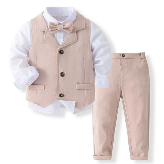 TAIAOJING Boys Formal Outfits Sets Toddler To Kids Dress Shirt Vest Pants Bow Tie Suit For 18 Months To 7 Years Cute 4-5Y