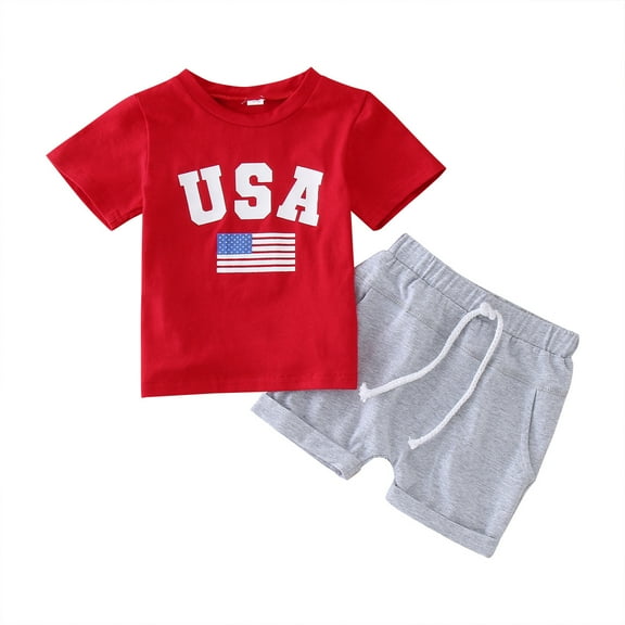 TAIAOJING Boys' Shorts Set Outfits Toddler Kids Boys Girls 4thOf July Short Sleeve Independence Day Letter Prints T Shirt Tops Shorts Outfits Set For 18-24 Months