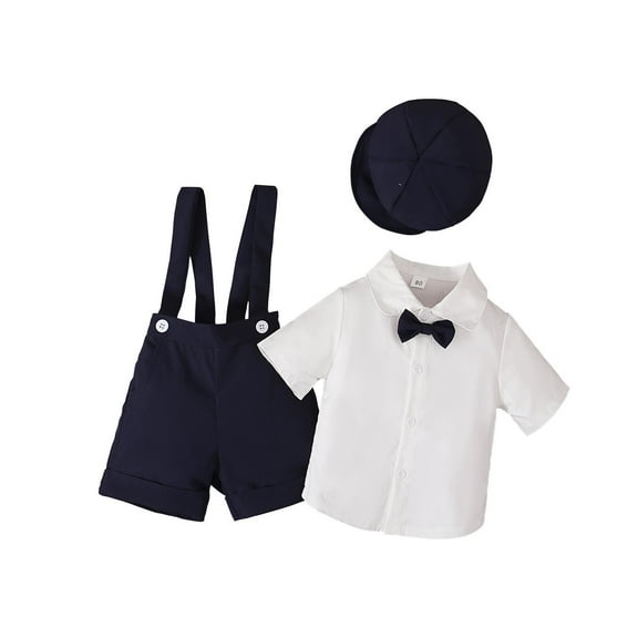 TAIAOJING Boys Summer Clothes Set Boys Gentlemen's Suit Short Sleeved Shirt With Bow Suspenders Shorts Hat Three Piece Children's Suit 18-24 Months