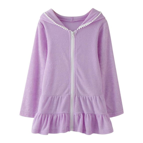 TAIAOJING Child Girls Swim Cover Up Kids Swimsuit Coverup Zip Up Beach Bathing Suit Hooded Absorbent Bathrobe Beach Dress For 1-2 Years