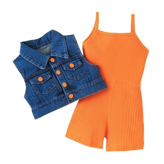 TAIAOJING Children Girls Sleeveless Solid Rib Bodysuit Summer Lapel Denim Coat Two Outfits For 5-6 Years