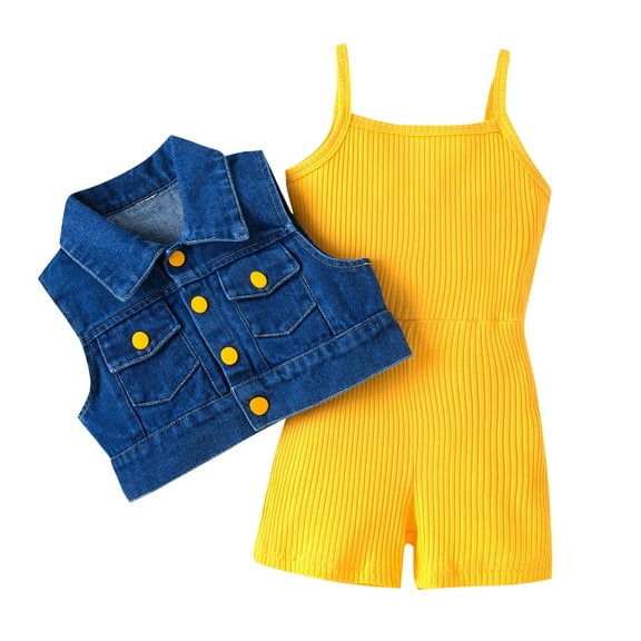 TAIAOJING Children Girls Sleeveless Solid Rib Bodysuit Summer Lapel Denim Coat Two Outfits For 6-7 Years