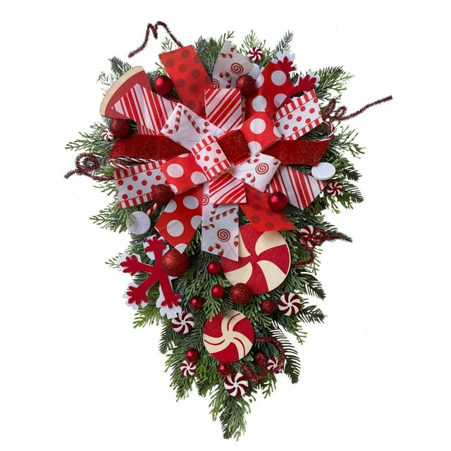 TAIAOJING Christmas Swag Wreath Xmas Teardrop Wreath Green Leaves