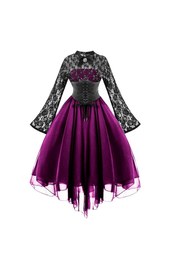 Dresses For Women Fashion Gothic Style 1950s Vintage Midi Dress Vintage Croset Long Flare Sleeve A-Line Party Dress