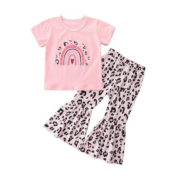 TAIAOJING Baby Girl Rainbow Print Short Sleeve T-Shirt Long Flare Pants, 2-Piece Set (3-4 Years)