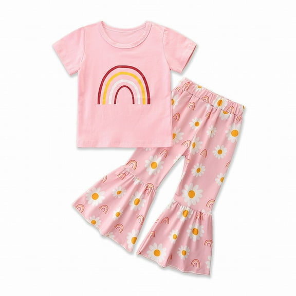 TAIAOJING Cotton Kids Baby Girl Clothes Set Rainbow Print Short Sleeve T Shirt Long Flare Pants Summer Outfits 2pcs For 3-4 Years