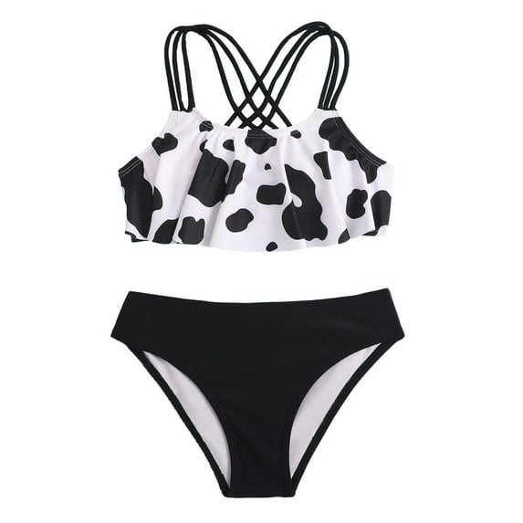 TAIAOJING Cow Cute Girls Crisscross Back Floral Swimsuit Print Two Piece Summer Girls Swimwear For 13-14 Years