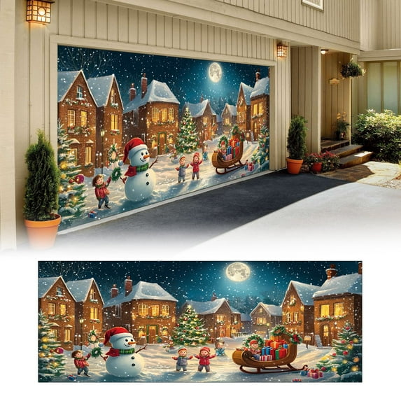 TAIAOJING Cute Christmas Garage Door Cover Decorations Santa Elk 70"x157" Holiday Garage Mural Winter Snowman Santa Outdoor Large Indoor And Outdoor Holiday Photography Banner