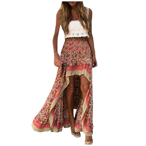 TAIAOJING Fashion Women's Sexy Floral Print Holiday Beach Irregular Skirt Long Skirt