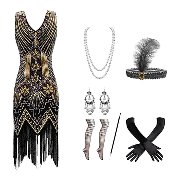 TAIAOJING Female 1920S Vintage Gowns Dress Vintage Dresseses Heavy Beaded Sequins Fringe Fancy Dresses Women With 20s Dress Accessories Carnival