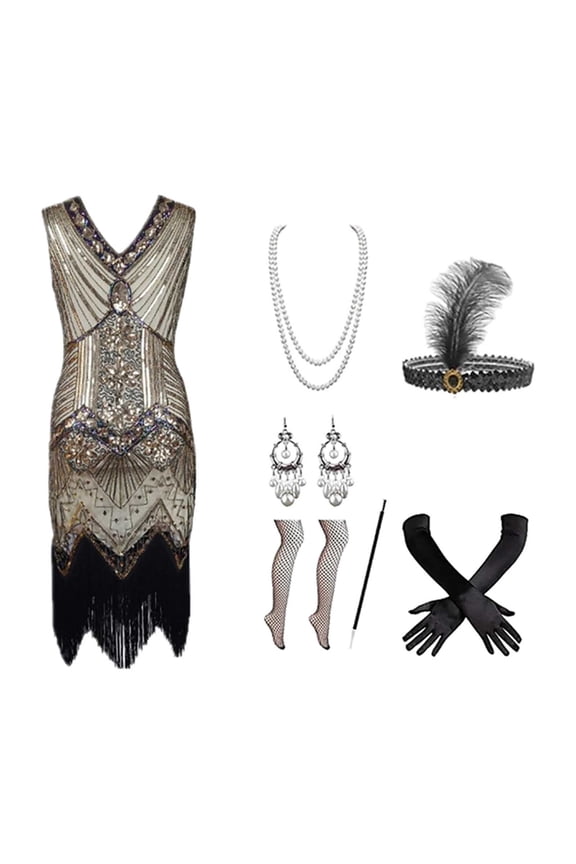 Female 1920S Vintage Gowns Dress Vintage Dresseses Heavy Beaded Sequins Fringe Fancy Dresses Women With 20s Dress Accessories Carnival