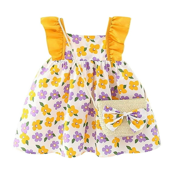 TAIAOJING Floral Princess Beach Vacation Bag Ruffles Summer Dress Set Girls Sleeveless Baby Toddler Dresses Holiday 12-18M