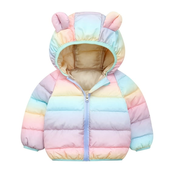 TAIAOJING Girl Boy Fall Spring Down Puffer Jacket Lightweight Toddler Kids Baby Boys Girls Winter Warm Rainbow Colour Coats Bear Ears Hooded Padded Outwear Winter Shacket Coat Parka 18-24 Months
