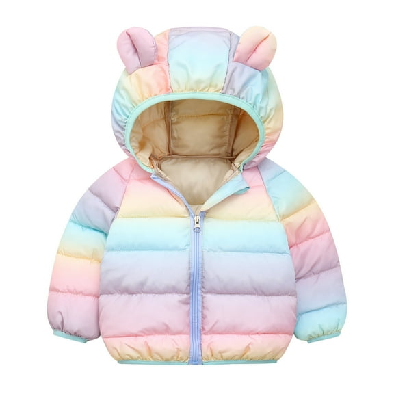 TAIAOJING Girl Boy Fall Spring Down Puffer Jacket Lightweight Toddler Kids Baby Boys Girls Winter Warm Rainbow Colour Coats Bear Ears Hooded Padded Outwear Winter Shacket Coat Parka 18-24 Months