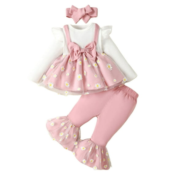 TAIAOJING Girl Pants Sets Two Pieces Baby Spring Autumn Print Long Sleeve Tops Flare Pants Headbands Outfits 12-18 Months