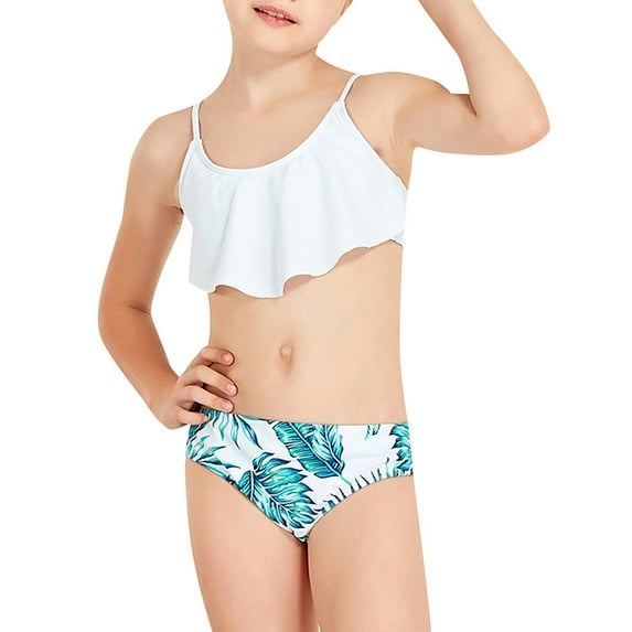 TAIAOJING Girl's Swimsuit Two Piece Leaf Print Shorts For 7 To 14 Years Swimming Pool Hot Spring Natatorium For 7-8 Years