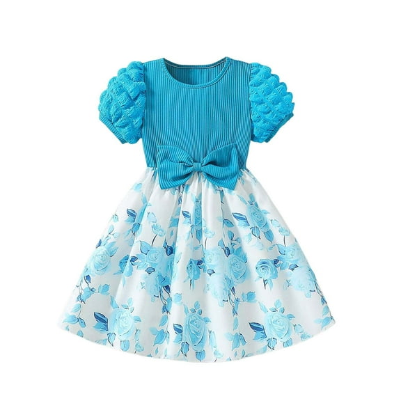TAIAOJING Girls Dresses Floral Print Puff Sleeve Casual Party Dress For Toddler Kids Summer Fall Loose Comfortable Elastic Waist Daily Outfits Sets Holiday 5-6Y