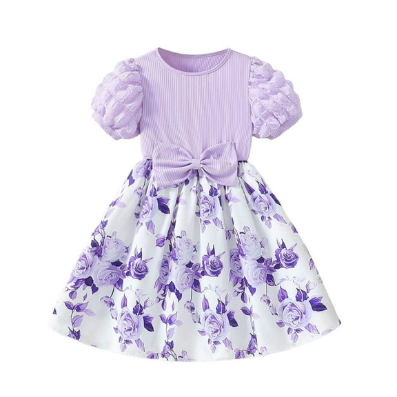 TAIAOJING Girls Dresses Floral Print Puff Sleeve Casual Party Dress For Toddler Kids Summer Fall Loose Comfortable Elastic Waist Daily Outfits Sets Soft 1-2Y
