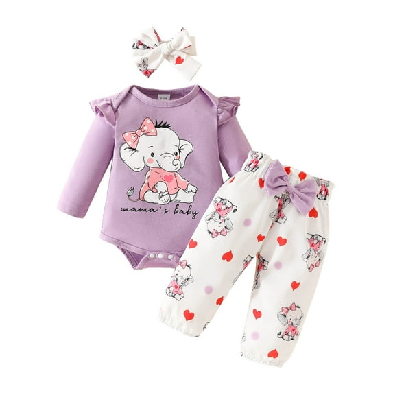 TAIAOJING Girls Long Sleeve Outfits Toddler Baby Girls Girls Long Sleeve Cartoon Prints Romper Bodysuit Pants Headbands Outfits For 12-18 Months