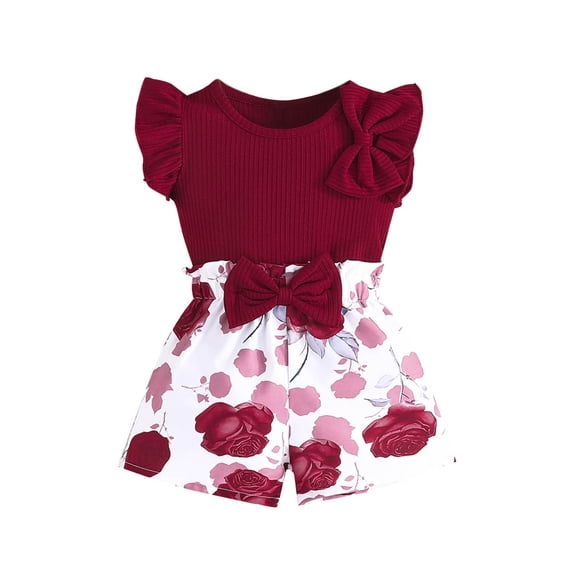 TAIAOJING Girls Outfits Sets Toddler Summer Casual Outfits Sets Solid Color Tshirt With Printed Shorts Baby Clothes For 6 Months To 3-Years Holiday 18-24M