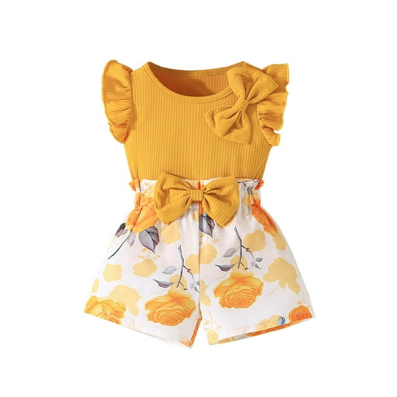 TAIAOJING Girls Outfits Sets Toddler Summer Casual Outfits Sets Solid Color Tshirt With Printed Shorts Baby Clothes For 6 Months To 3-Years Cozy 6-9M