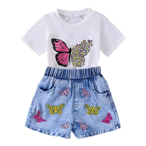 TAIAOJING Girls Print White T-Shirt & Stretch Denim Shorts Outfits Sets 2PCS Casual Summer Outfits Sets For Toddler Kids Soft 3-4Y