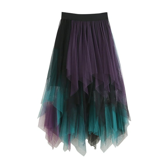 TAIAOJING Girls Rainbow Flower Tulle Skirt Women's Waisted Multi Layer Irregular Mesh Stitching Cake Skirt Mid Length Skirt