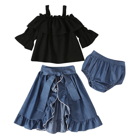 TAIAOJING Girls' Summer Clothing Set Black Half Sleeved Off Shoulder Suspender Top Split Denim Skirt Three Piece Set Black Jacket For 4-5 Years