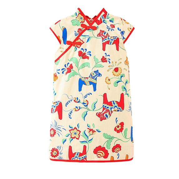 TAIAOJING Girls Summer Dresses Toddler Casual Loose Fit Short Sleeve Dress Cheongsam Dress For Daily Wear Comfortable Breathable Fabric Comfort 5-6Y