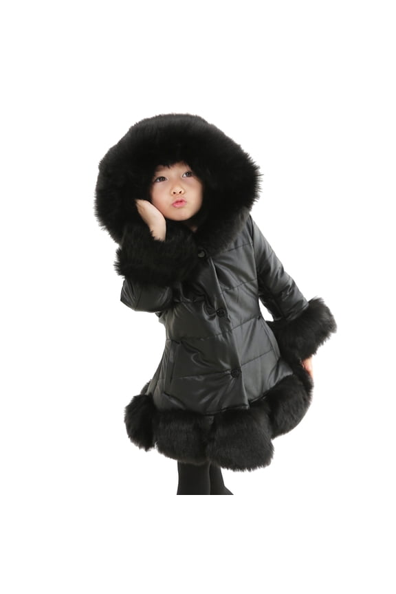 Girls and Toddlers' Full-Zip Jacket Kids Little Thicken Winter Warm Faur Leather Button Down With Hood Long Sleeve Outerwear Coat 12-18 Months