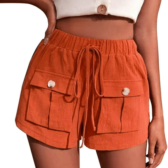 TAIAOJING High Waist Baggy Cargo Pants For Women Linen Shorts Casual Elastic Waist Rope Drawstring With Pockets Pull On Summer Beach Hem Fashion Trousers Orange S